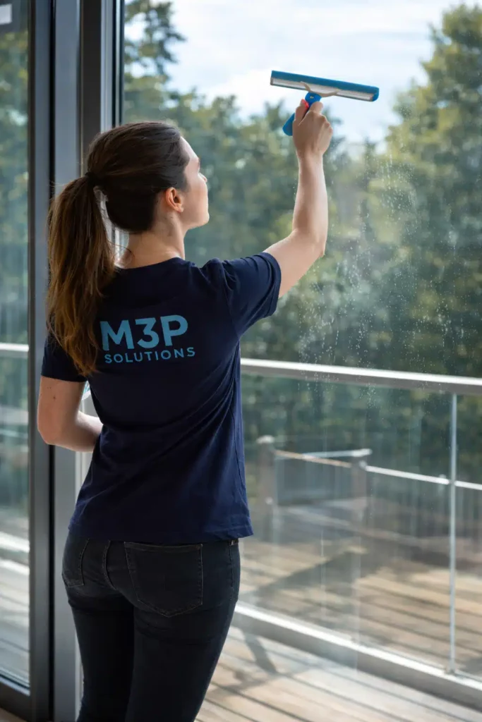 Une femme de chez M3P Solutions réalise une prestation de nettoyage de vitres.