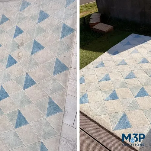 Nettoyage de tapis à clermont-ferrand réalisé par M3P solutions, entreprise de nettoyage et multiservices clermontoise. Un tapis rectangle est nettoyé de tâches tenaces.