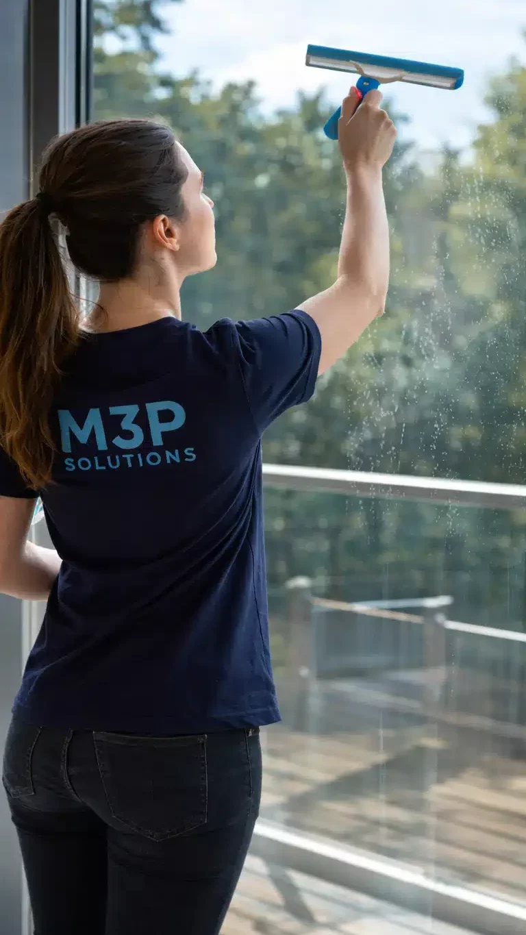 Une femme de chez M3P Solutions réalise une prestation de nettoyage de vitres.