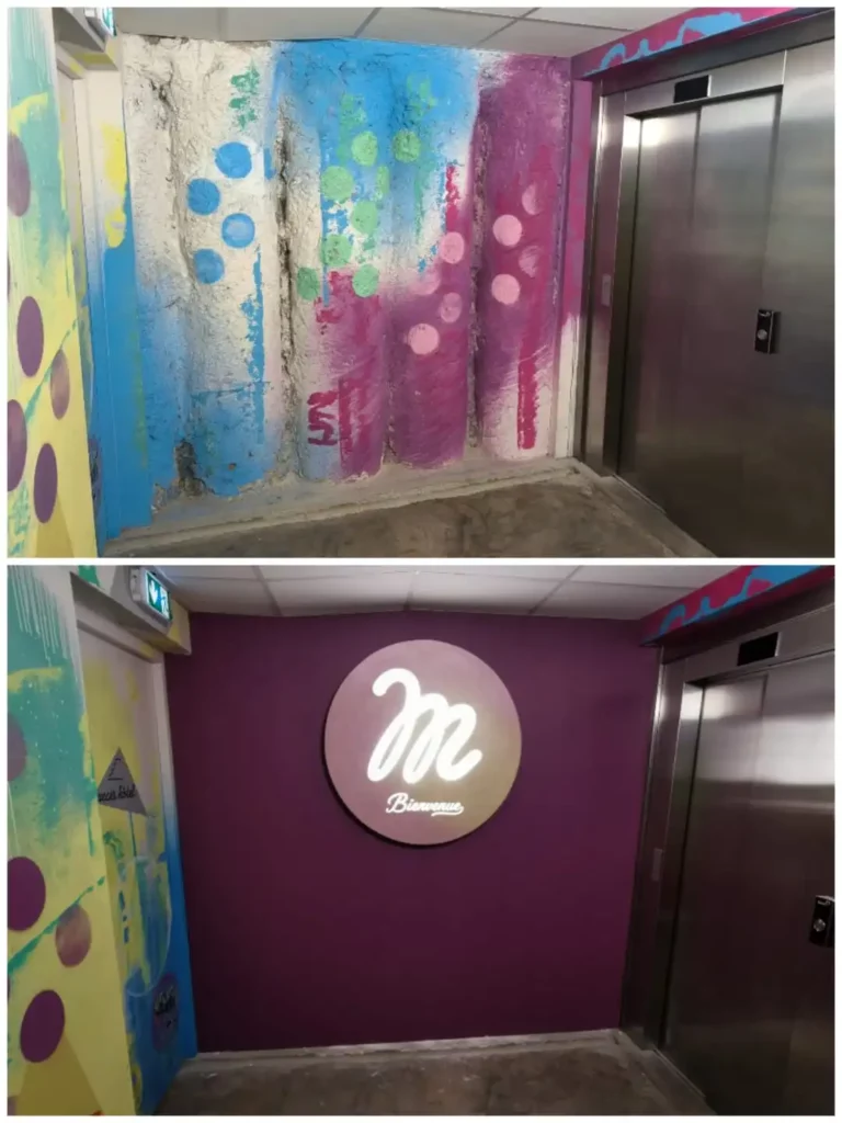 Rénovation d'un mur dans un hôtel de Clermont-Ferrand.